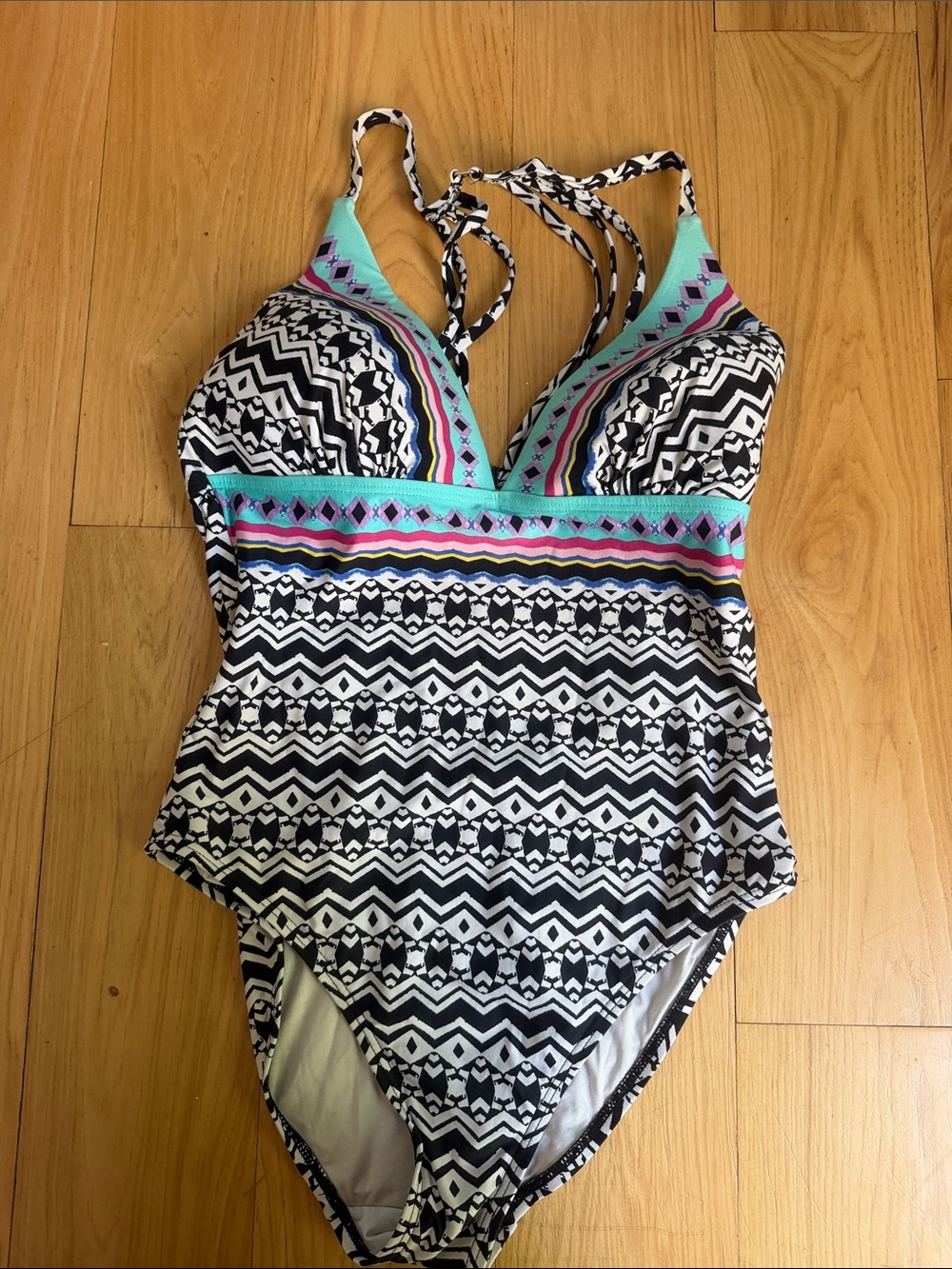 Bianca Black & White Geo Print One-Piece Swimsuit with Mint Trim